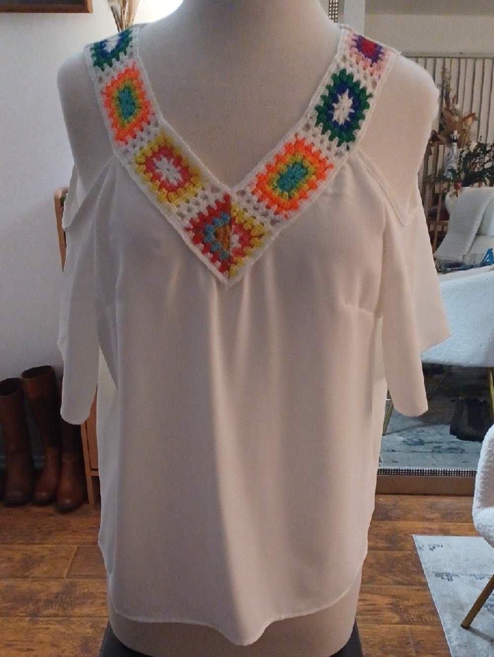 MEXICANA White Cold-Shoulder Top with Multicolor Crochet V-Neck